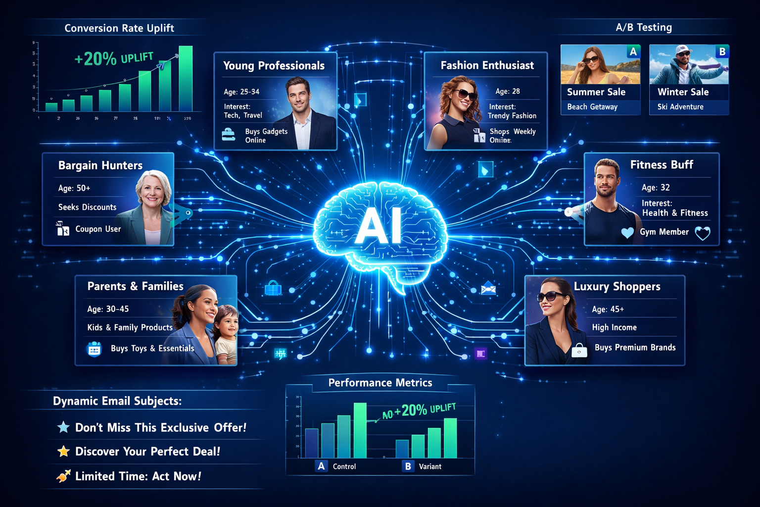Detailed () visualization showing AI-powered segmentation dashboard with multiple customer persona cards arranged in a