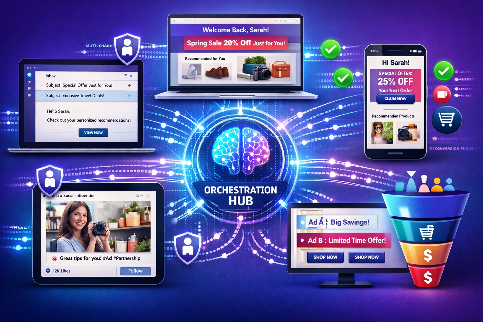 Comprehensive () illustration depicting multi-channel personalization ecosystem with interconnected platforms: email