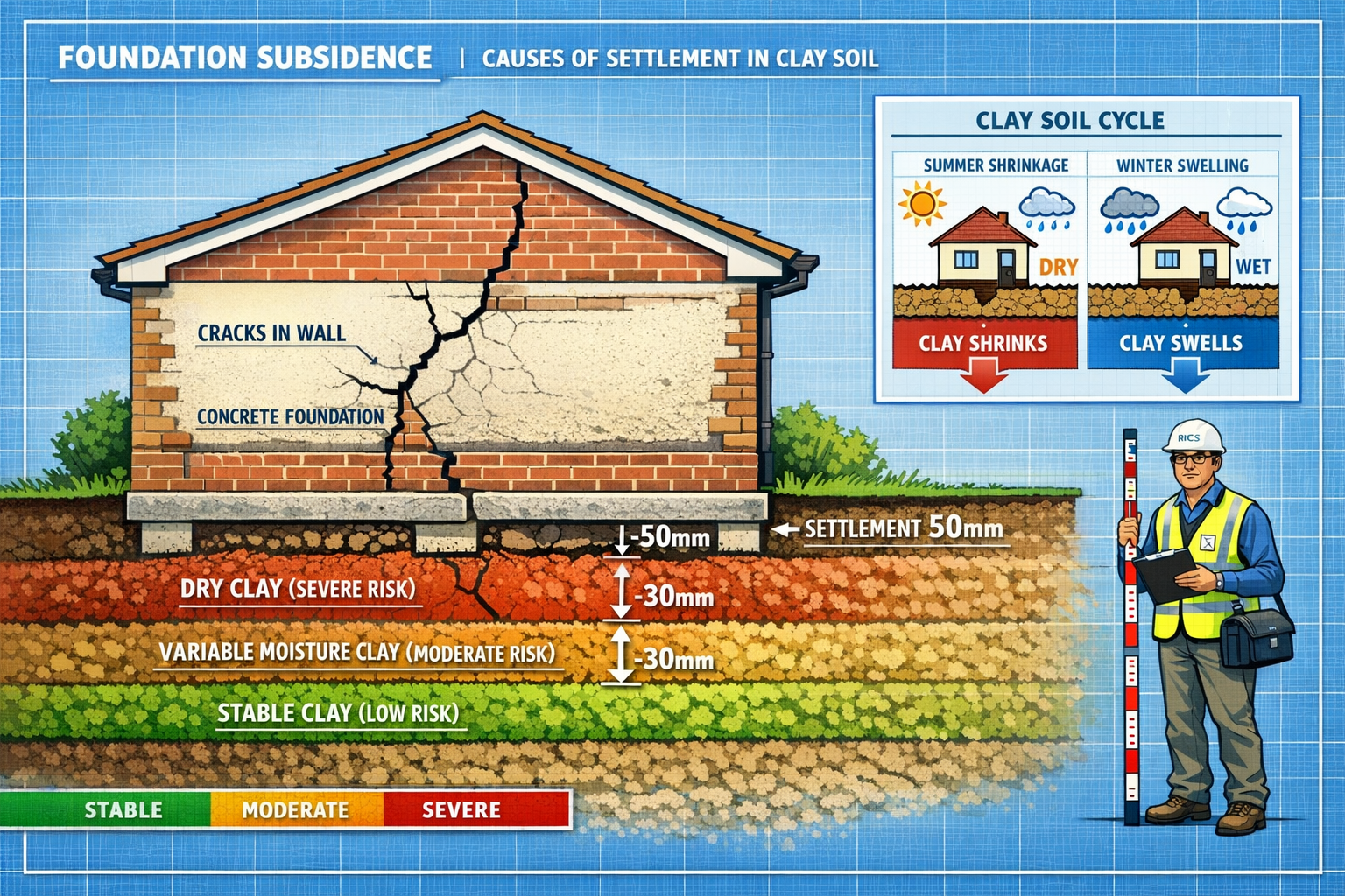 () detailed technical illustration showing cutaway cross-section view of bungalow foundation system with shallow footings