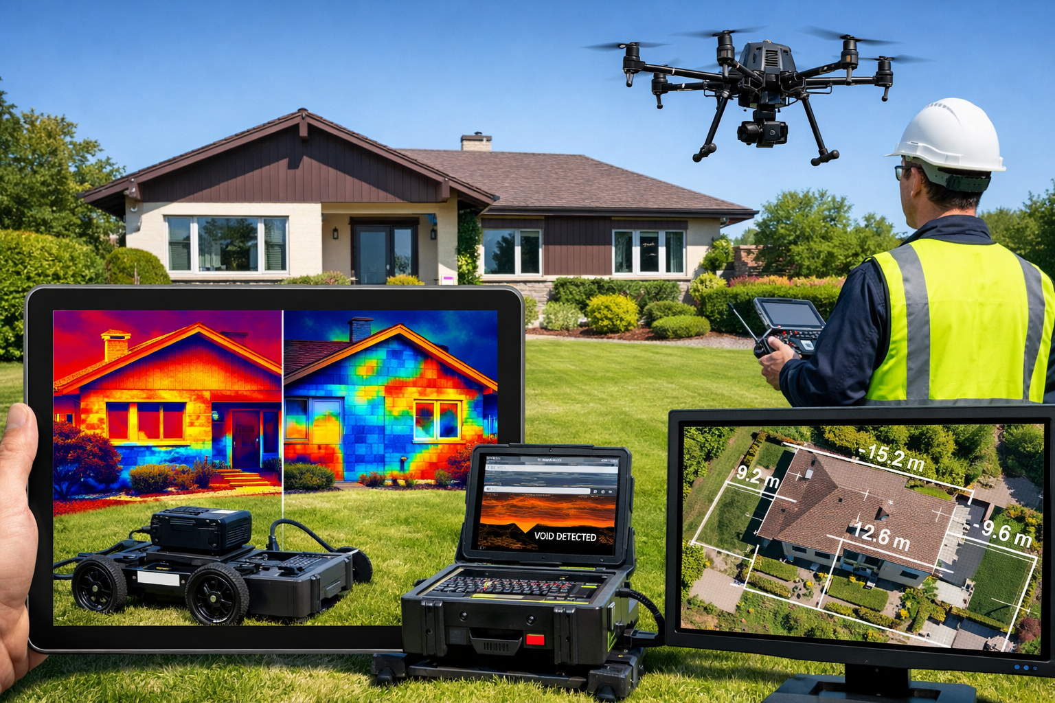 () modern technology-focused scene showing surveyor operating professional drone hovering above bungalow property,
