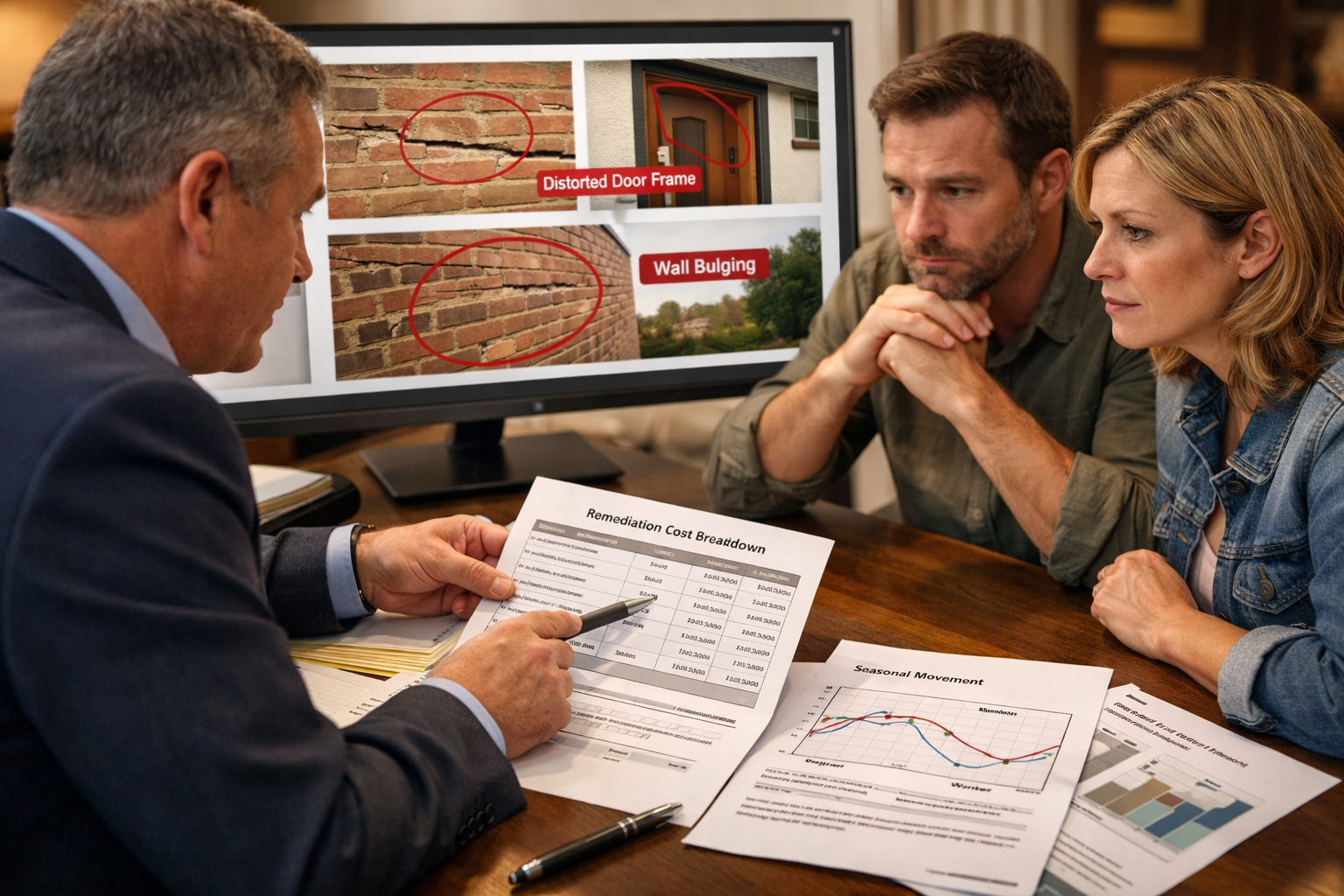 () professional office consultation scene showing chartered surveyor presenting comprehensive Level 3 survey report to
