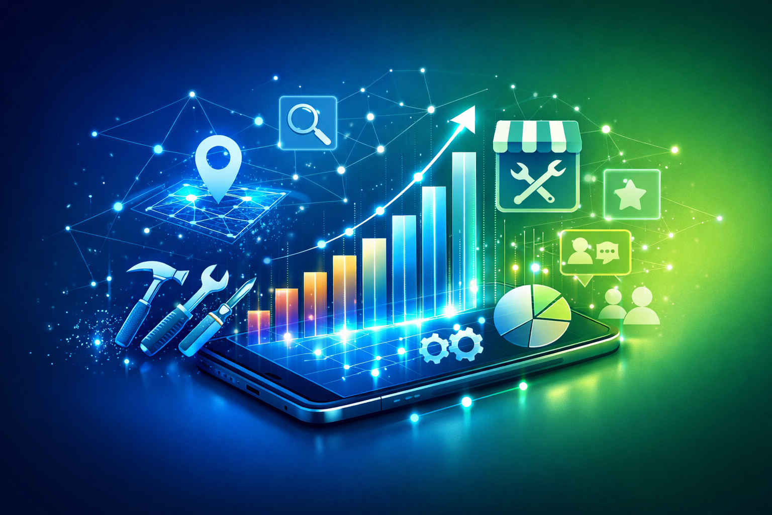 avoid years or dates on the images. avoid text on the images. create images without text. Futuristic visualization of 'Warum Google My Busin