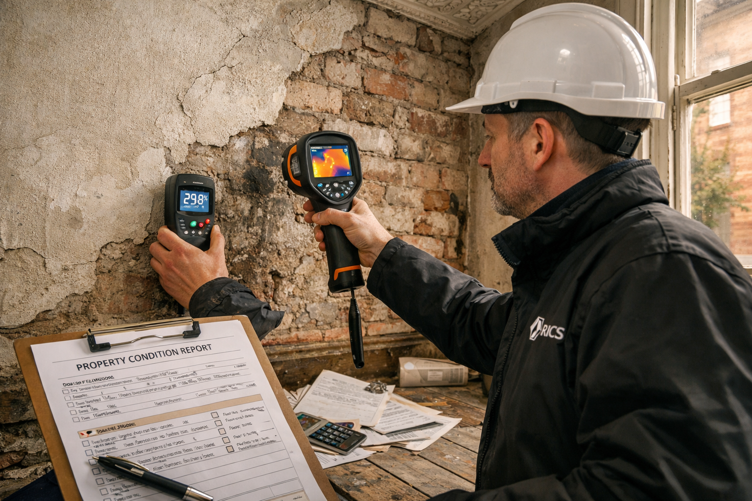 Detailed () editorial image showing professional chartered surveyor conducting comprehensive building inspection in Northern