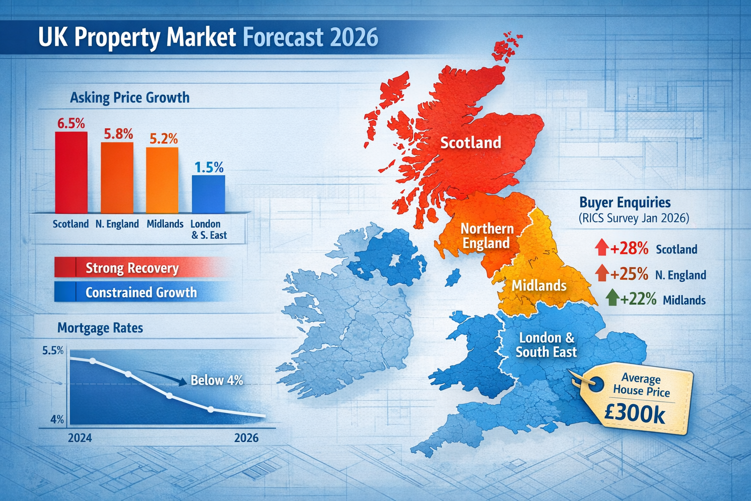 Detailed () infographic-style image displaying UK regional property market heat map for 2026 with Northern England,