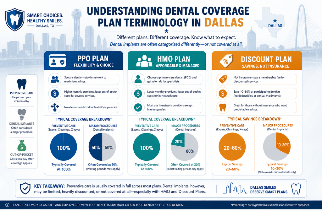 A detailed infographic in () illustrating the typical structure of dental coverage plans in Dallas, distinguishing between