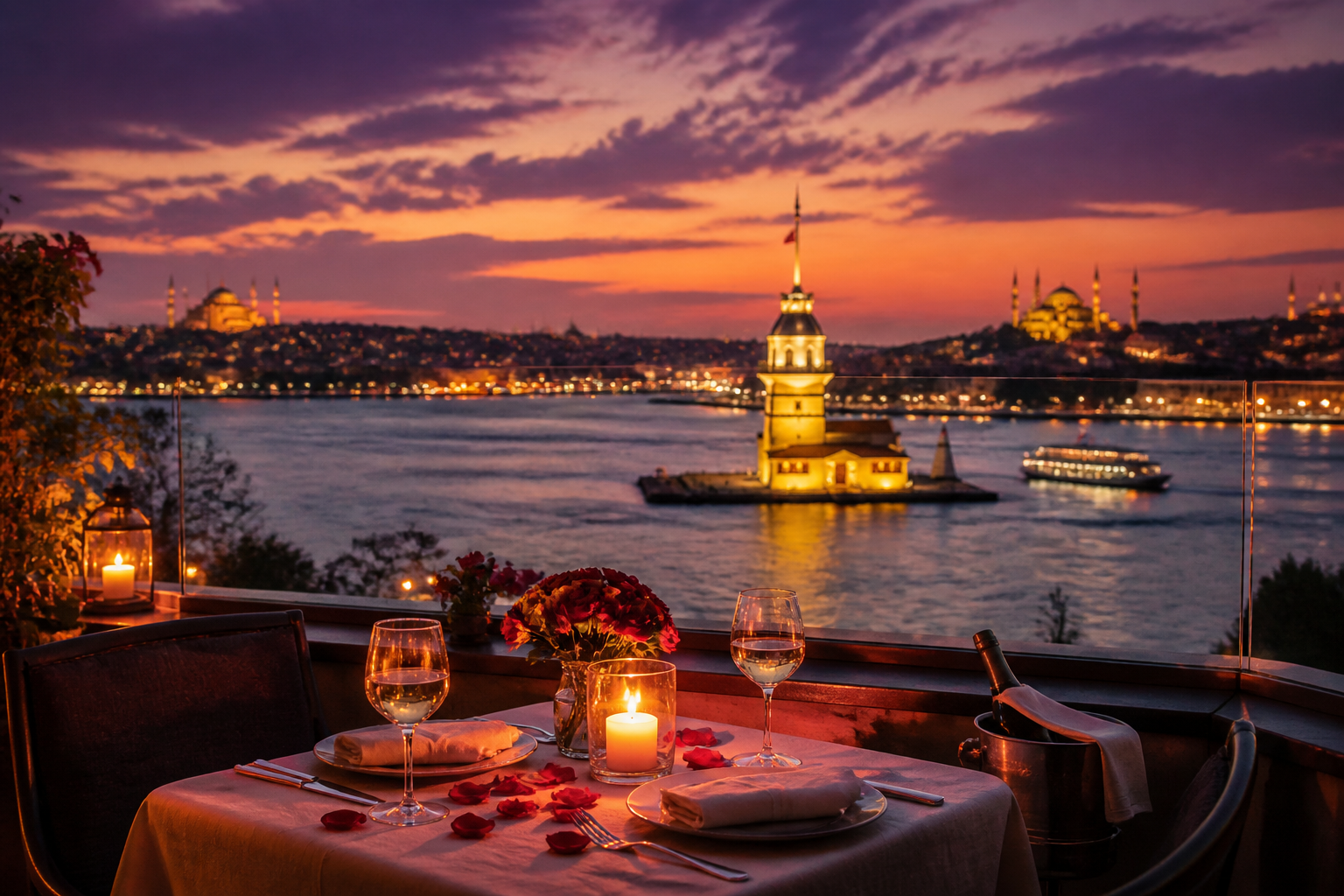 () editorial image showing Istanbul's Bosphorus at dusk from a rooftop terrace restaurant, candlelit table for two in