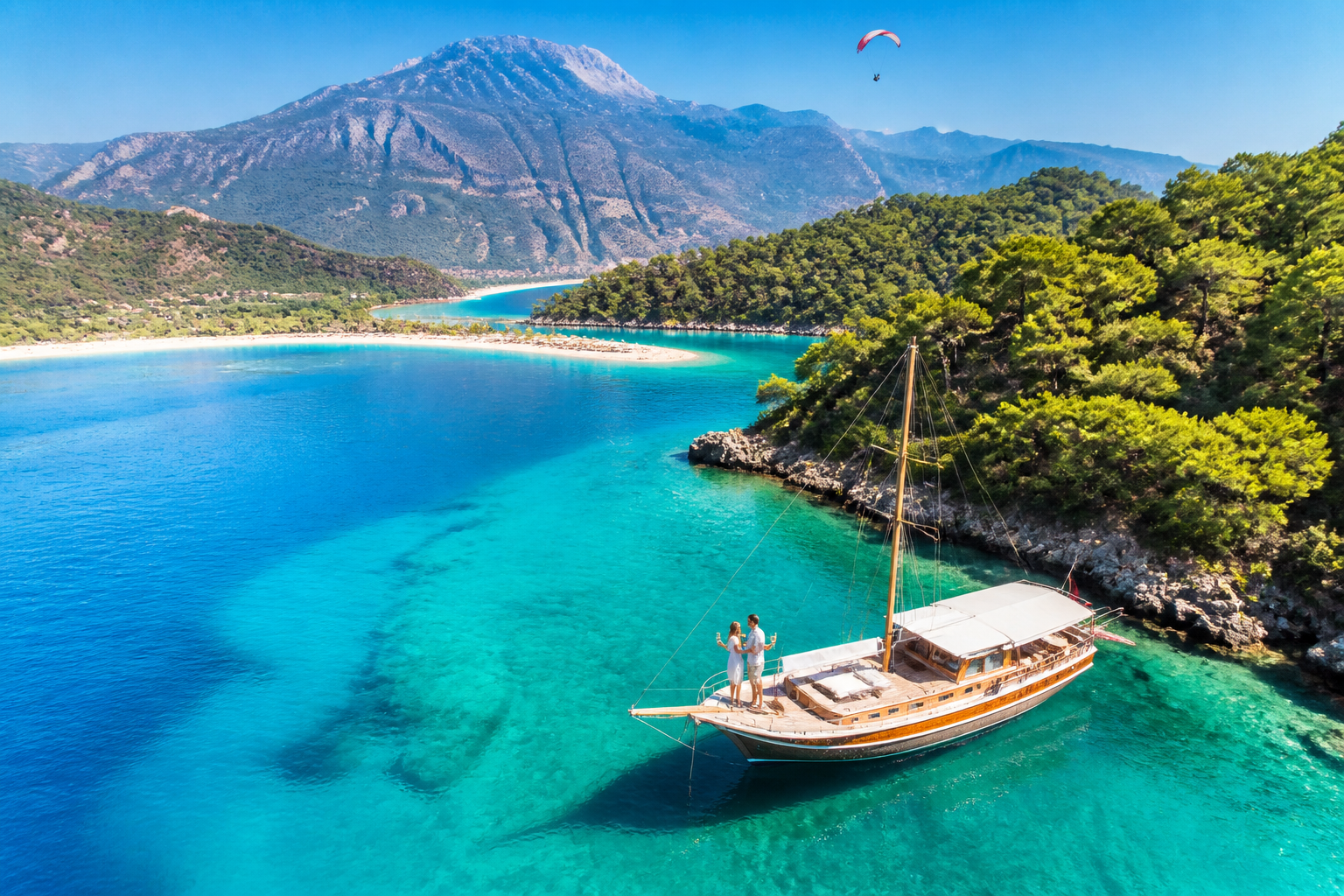 () editorial image showing &Ouml;l&uuml;deniz Blue Lagoon from above, impossibly turquoise water contrasting with pine-covered