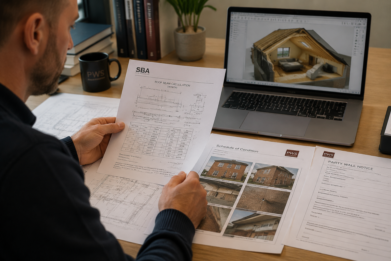 Detailed () image showing a party wall surveyor at a desk reviewing a stack of technical documents for a loft conversion