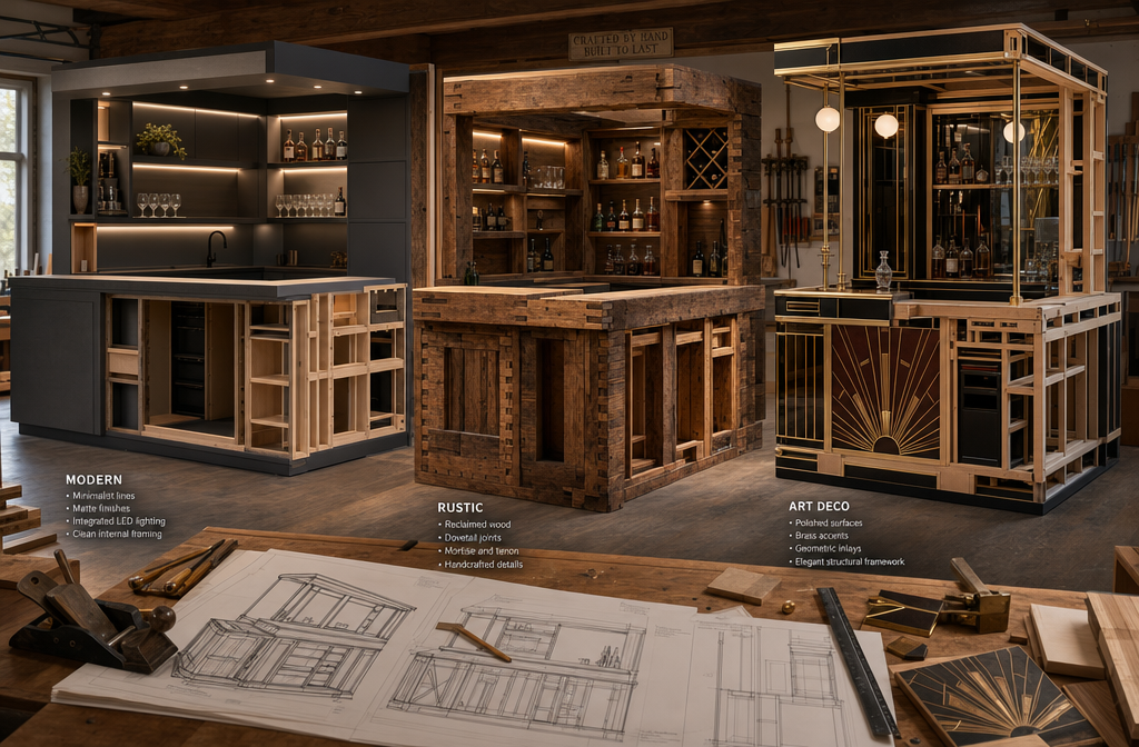 () image showcasing three distinct custom home bar designs side-by-side: a sleek modern bar with minimalist lines and