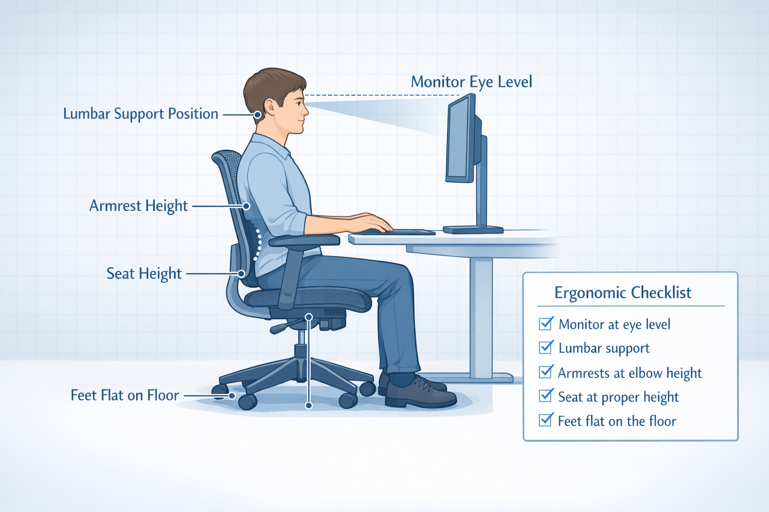 Cheap Comfortable Office Chair Landscape format (1536x1024) ergonomic adjustment guide infographic showing a person seated correctly in a budget mesh office chair at a desk, with annotated callout lines pointing to: lumbar support position, seat height, armrest height, monitor eye level, feet flat on floor. Clean medical-illustration style with soft blue and white color palette, clear sans-serif labels, subtle grid background, professional educational diagram aesthetic. Inset box shows a simple checklist of five ergonomic setup steps in the lower right corner. Cheap Comfortable Office Chair