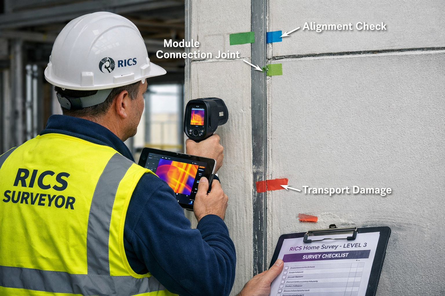 Detailed () image showing close-up of RICS-certified surveyor conducting Level 3 building survey inspection on newly