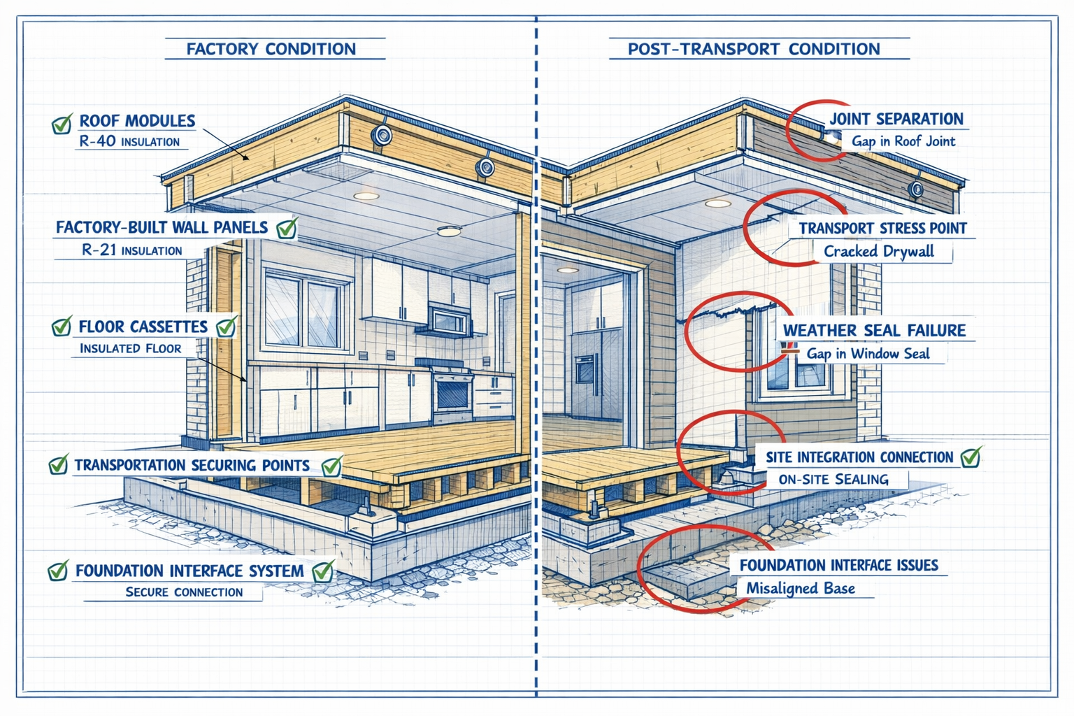 Detailed () cutaway technical illustration of modular housing unit showing cross-section view with labeled components: