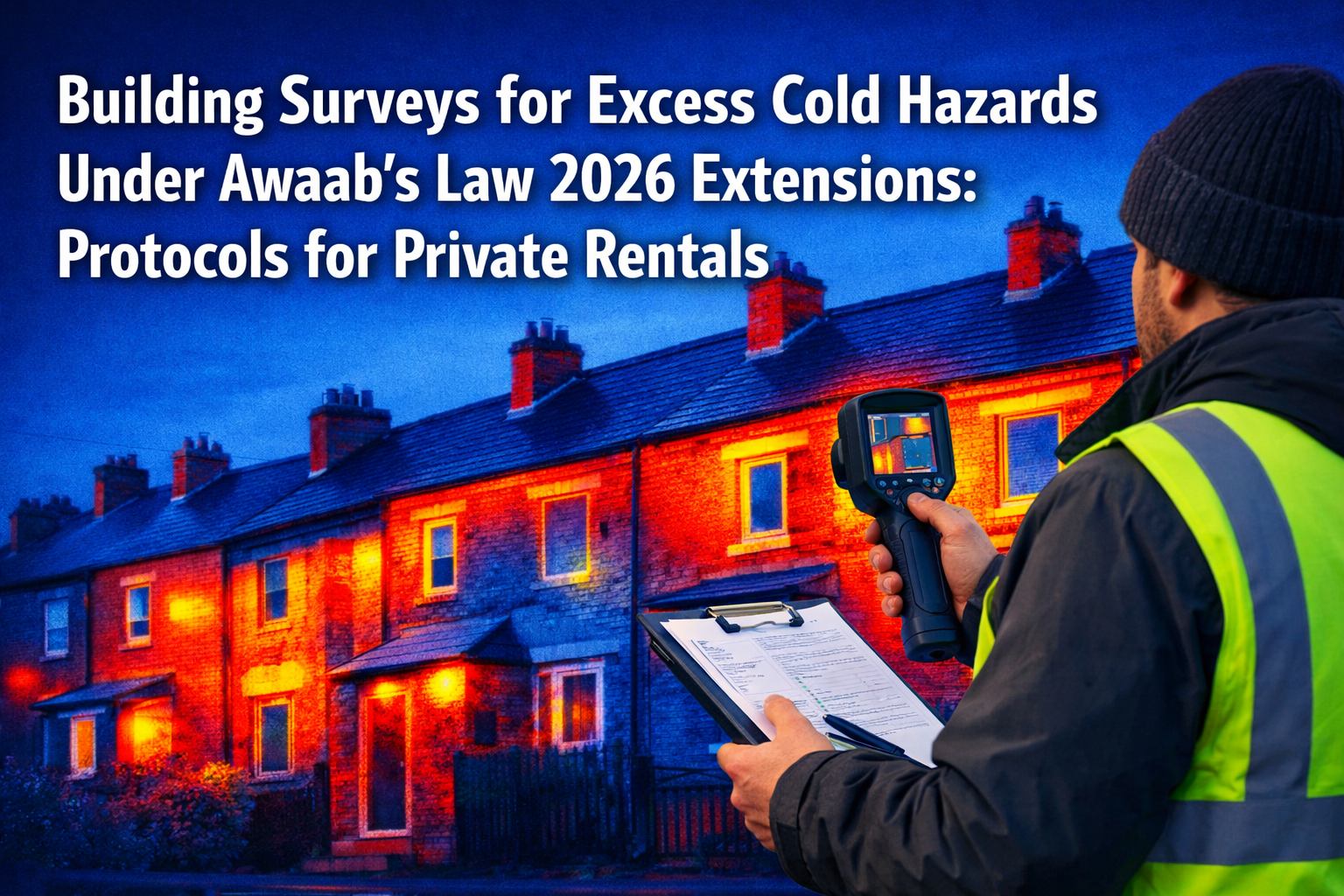 Professional () hero image with 'Building Surveys for Excess Cold Hazards Under Awaab's Law 2026 Extensions: Protocols for