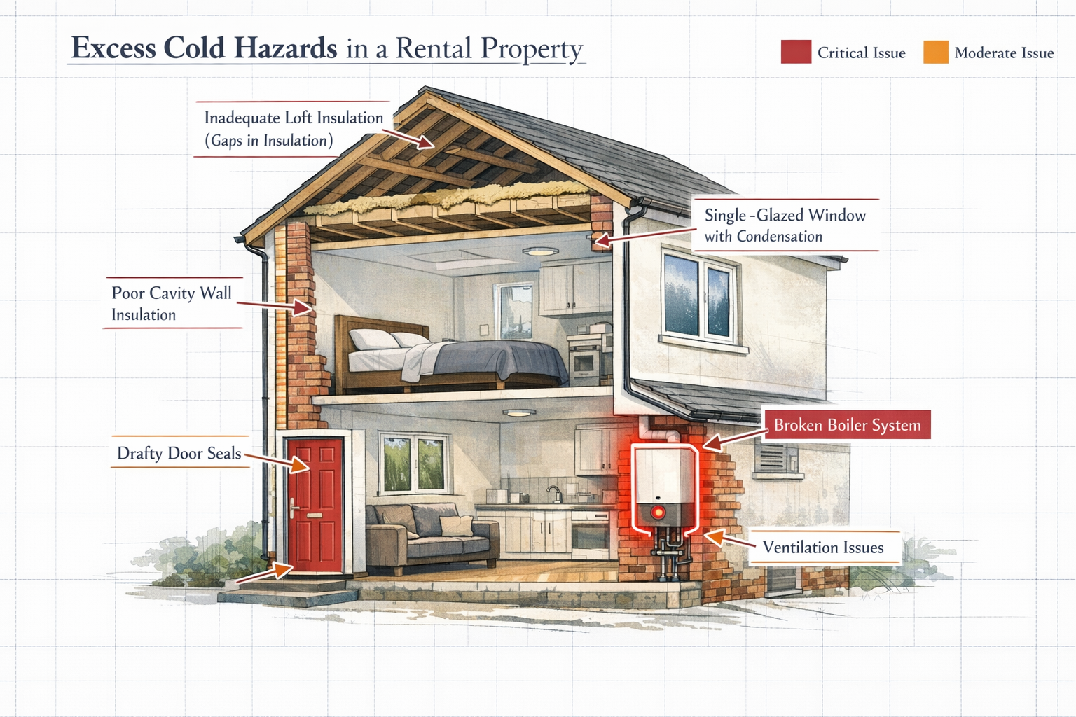 () detailed cutaway illustration of a UK rental property cross-section showing common excess cold hazard points: inadequate