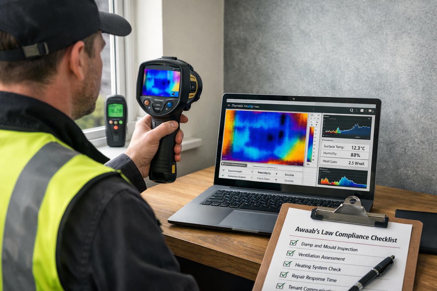 () professional surveyor conducting thermal imaging assessment inside a private rental property, holding infrared camera