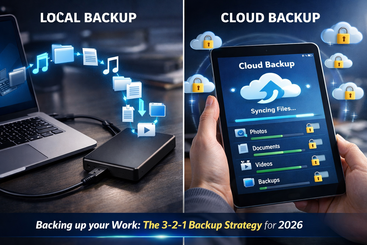A split-screen composition demonstrating both local and cloud backup. On one side, a sleek external hard drive is connected to a laptop, wit