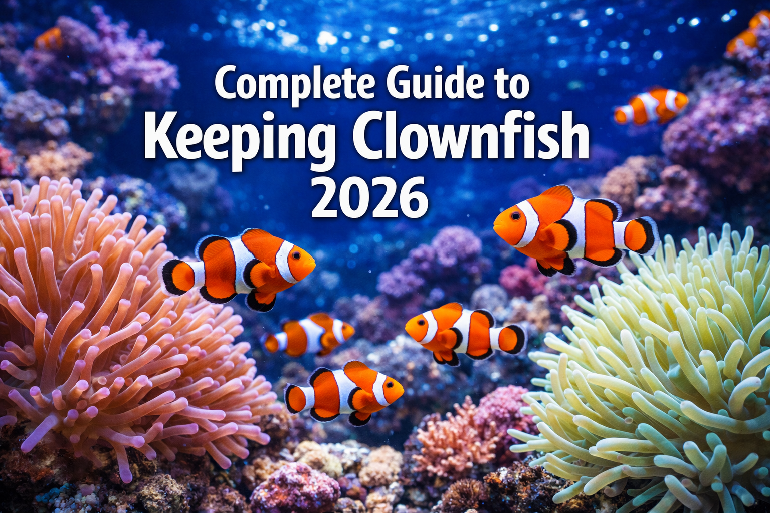 Professional landscape hero image (1536x1024) featuring vibrant orange and white clownfish swimming among sea anemones in pristine aquarium 