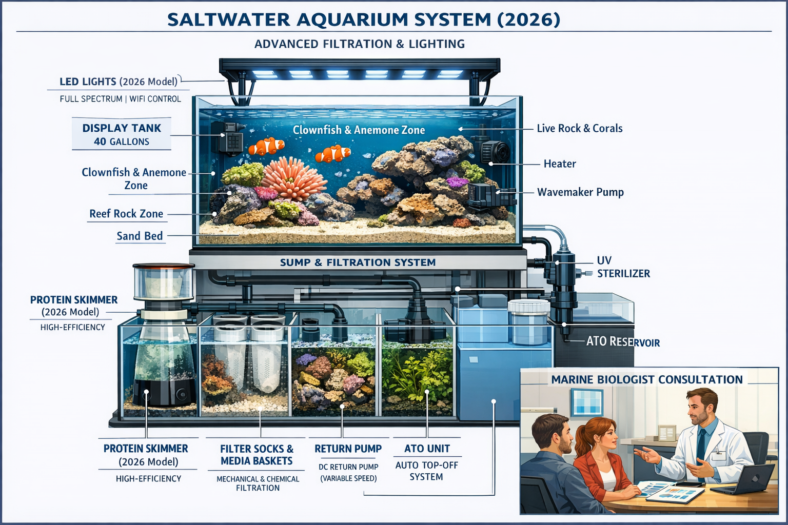 Detailed aquarium setup illustration showing modern saltwater tank with advanced filtration system, protein skimmer, LED lighting, live rock