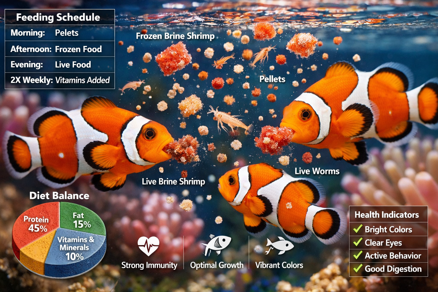Close-up photography of healthy clownfish feeding scene with various food types (pellets, frozen foods, live foods) floating in crystal clea