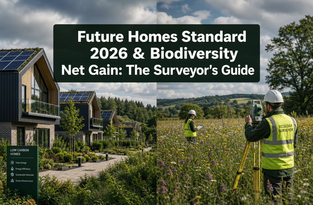 Professional () hero image with : 'Future Homes Standard 2026 & Biodiversity Net Gain: The Surveyor's Guide' in extra large