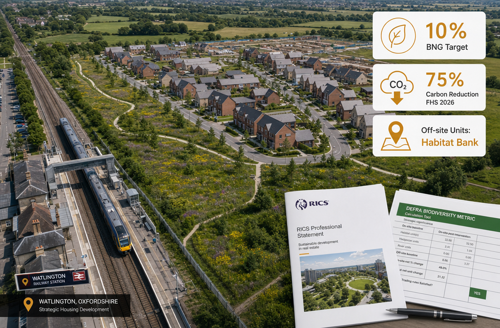 Detailed () aerial drone-perspective photograph of a strategic housing development site in England showing on-site