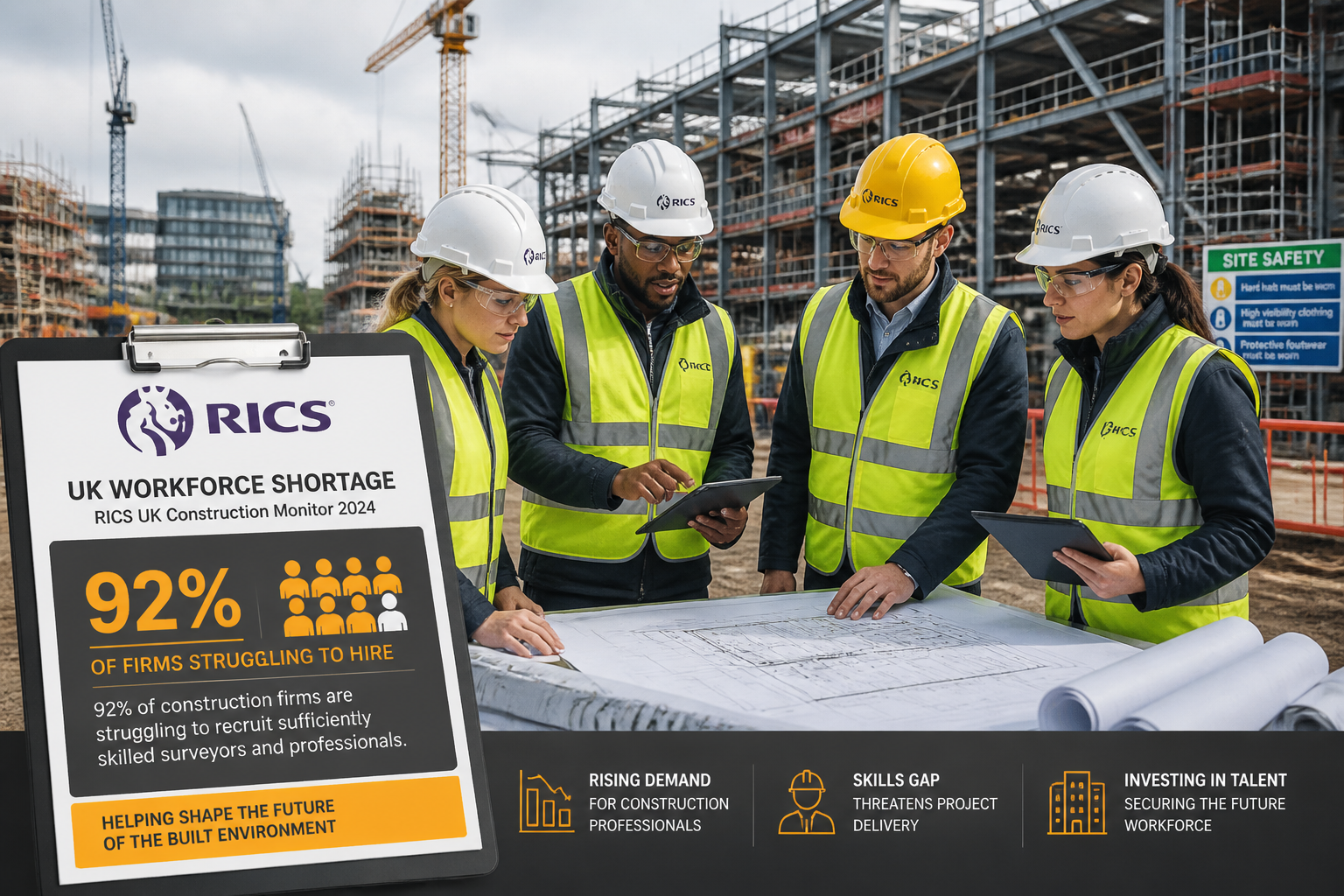 Wide-angle editorial photograph of a diverse group of building surveyors in high-visibility vests and hard hats reviewing