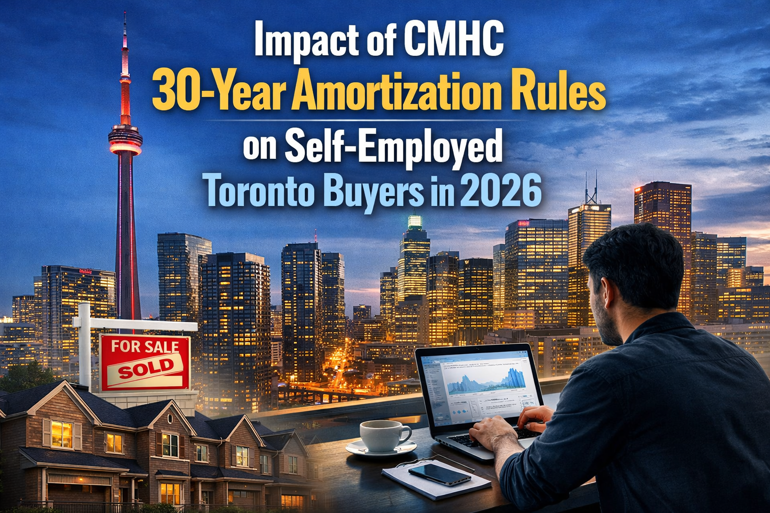 Professional landscape hero image () with : "Impact of CMHC 30-Year Amortization Rules on Self-Employed Toronto Buyers in