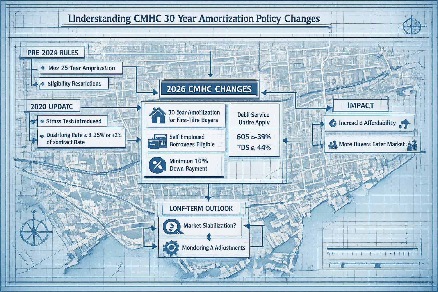 Visual representation for 'Understanding CMHC 30-Year Amortization Policy Changes': Architectural blueprint-style diagram