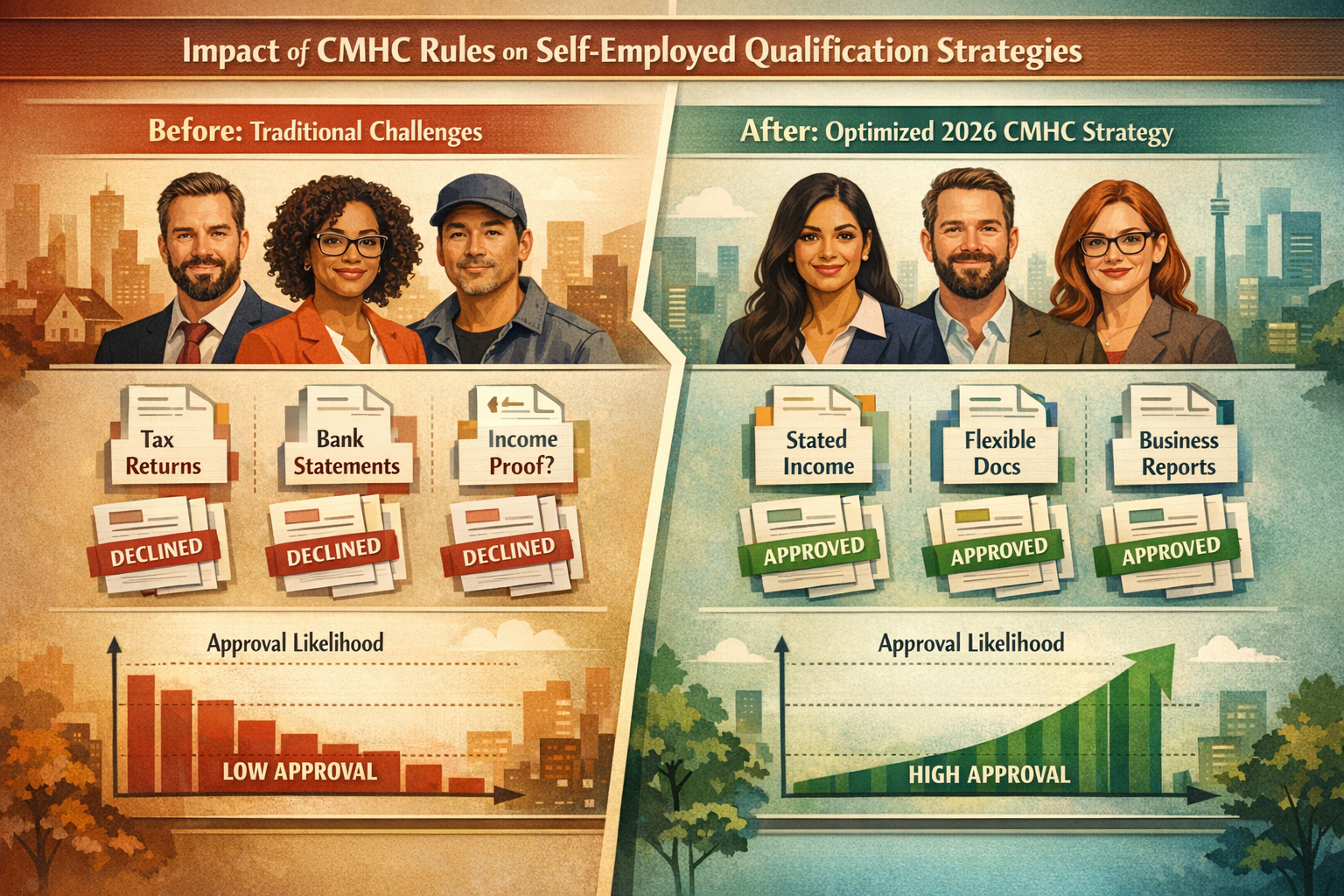 Illustration for 'Impact of CMHC Rules on Self-Employed Qualification Strategies': Dynamic split-screen visualization