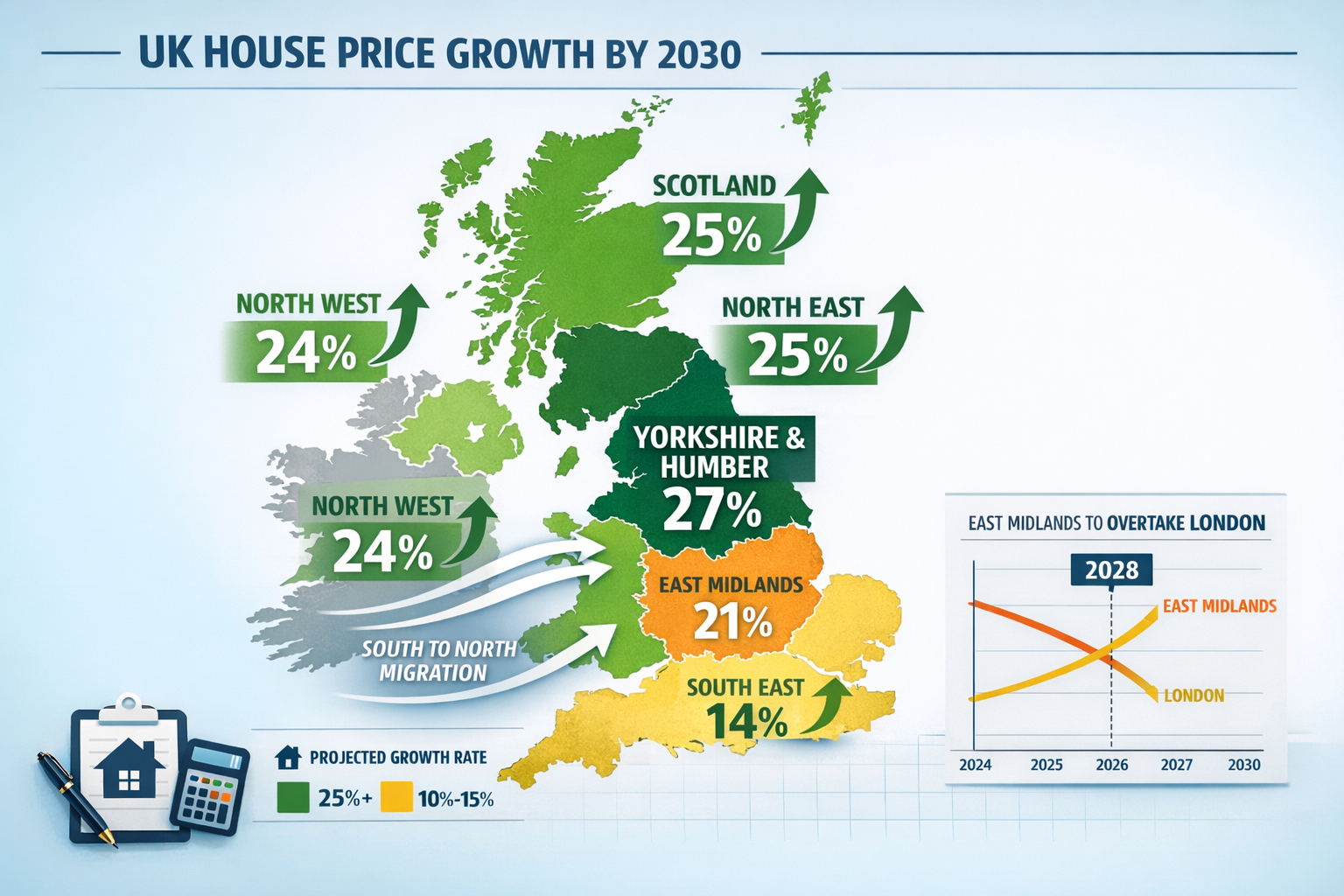 Landscape format (1536x1024) detailed infographic showing UK map with color-coded regional house price growth projections through 2030. York