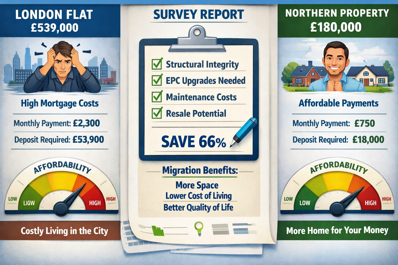 Landscape format (1536x1024) comparison infographic displaying affordability analysis for first-time buyers. Left panel shows London flat at