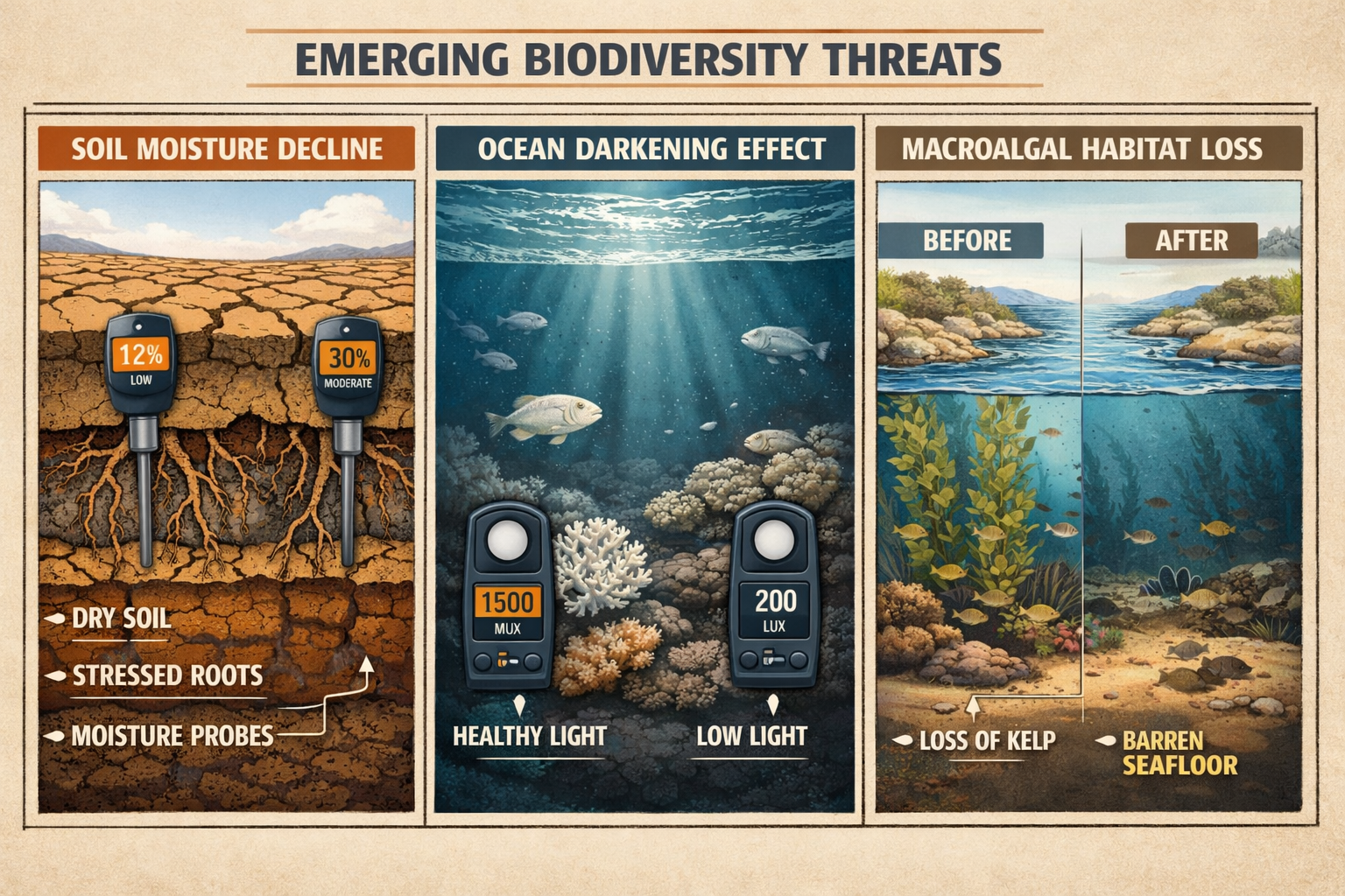 () detailed illustration showing three-panel comparison of emerging biodiversity threats: left panel depicts soil moisture