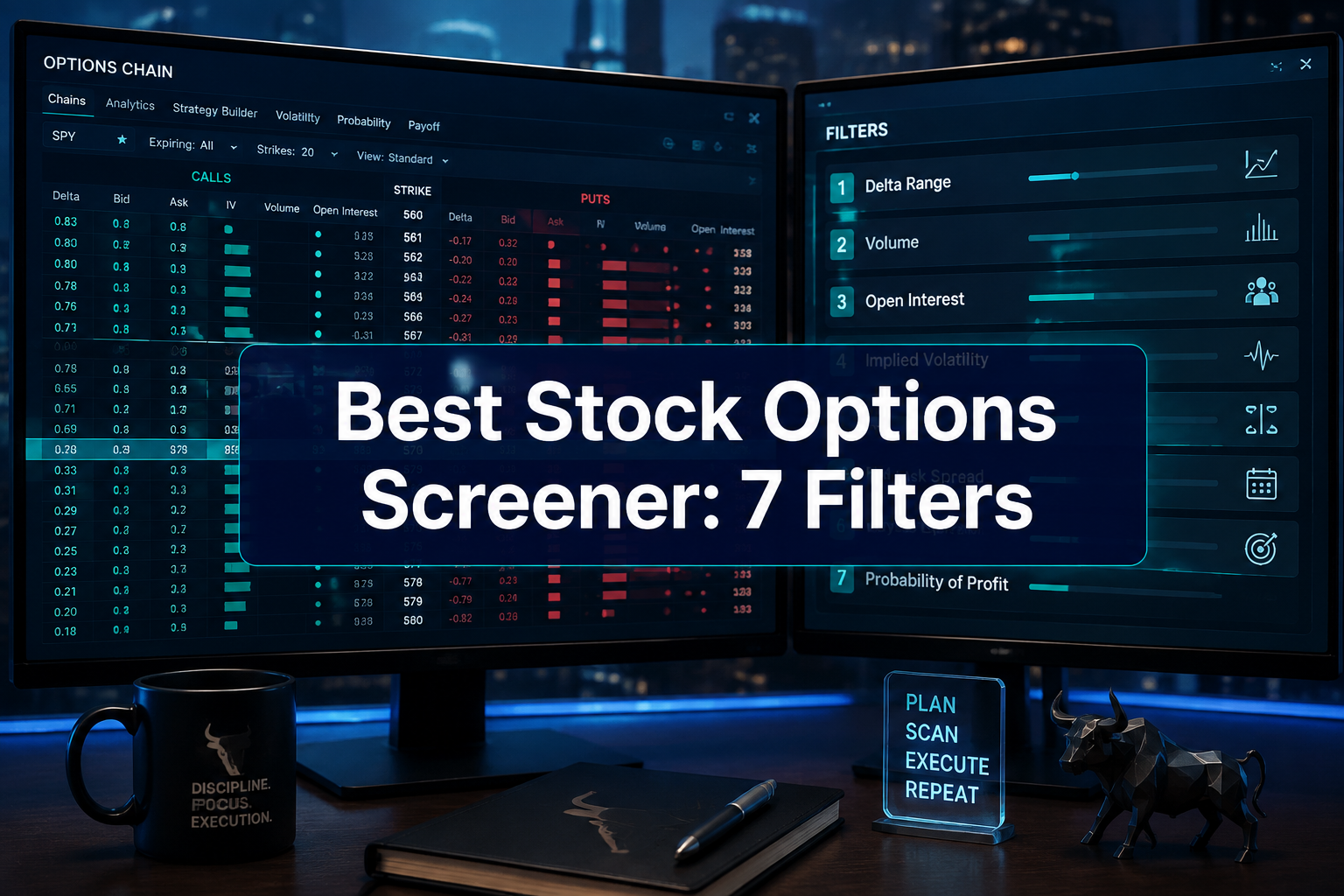 Professional () hero image with (≤42 chars): 'Best Stock Options Screener: 7 Filters', crisp white on a deep navy