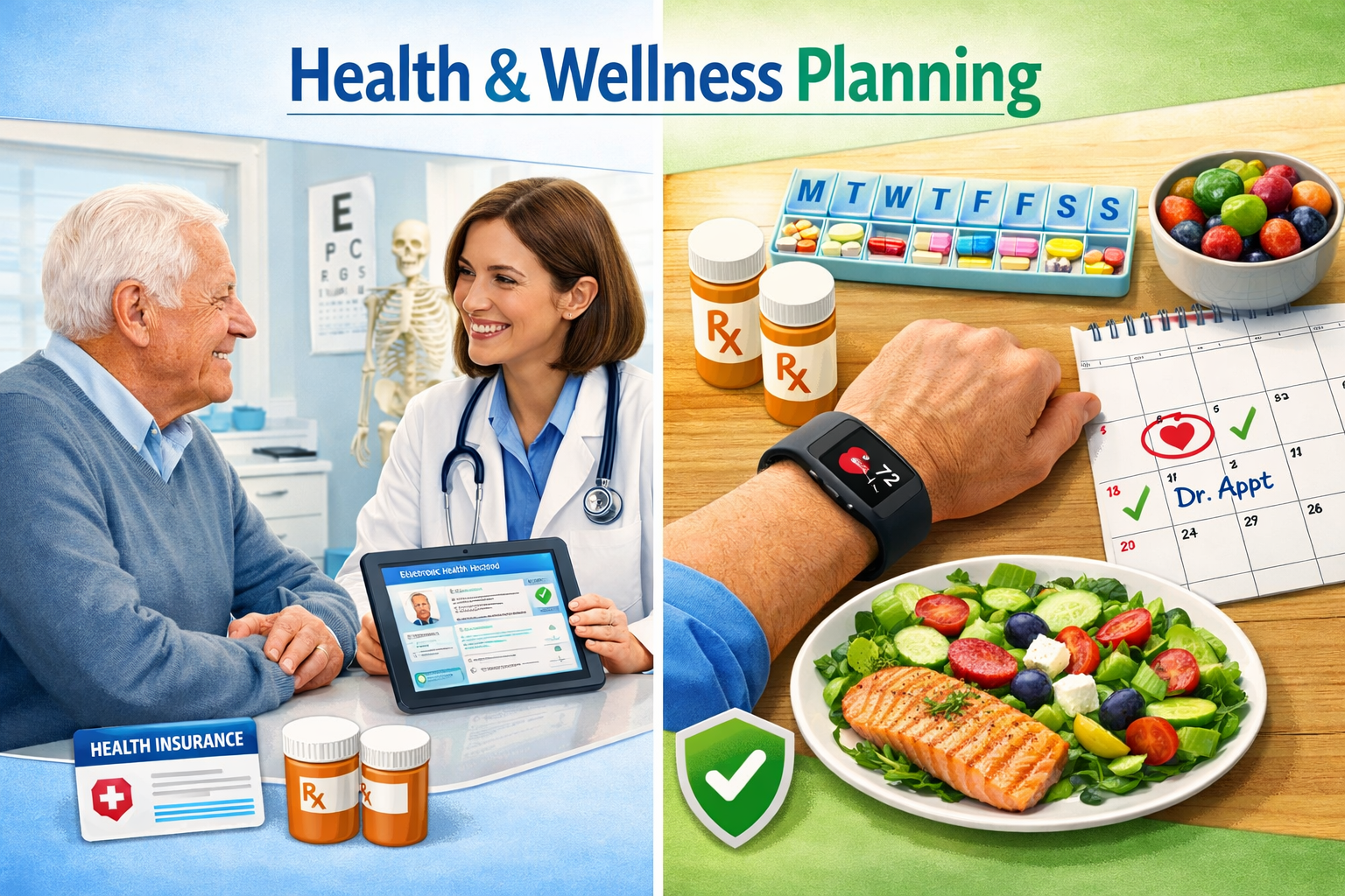 Detailed landscape infographic (1536x1024) showing healthcare and wellness planning for seniors with split-screen composition: left side dis