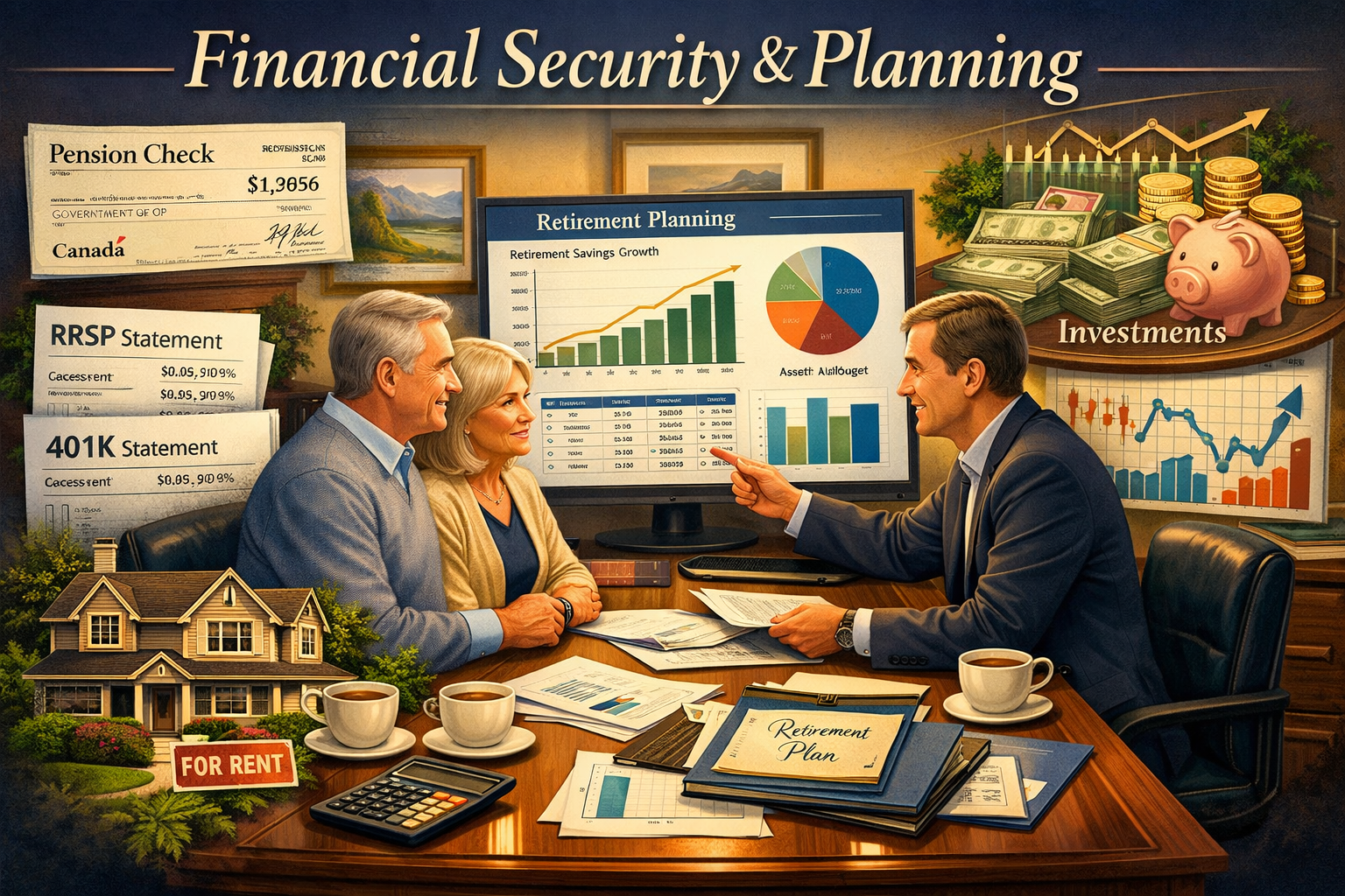 Professional landscape illustration (1536x1024) depicting financial planning for retirement with detailed visual elements: center shows a ma