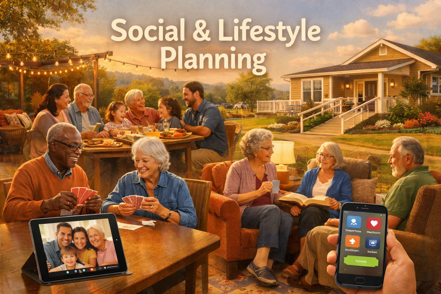 Warm, inviting landscape photograph (1536x1024) showing social connections and lifestyle planning for seniors with multi-scene composition: 