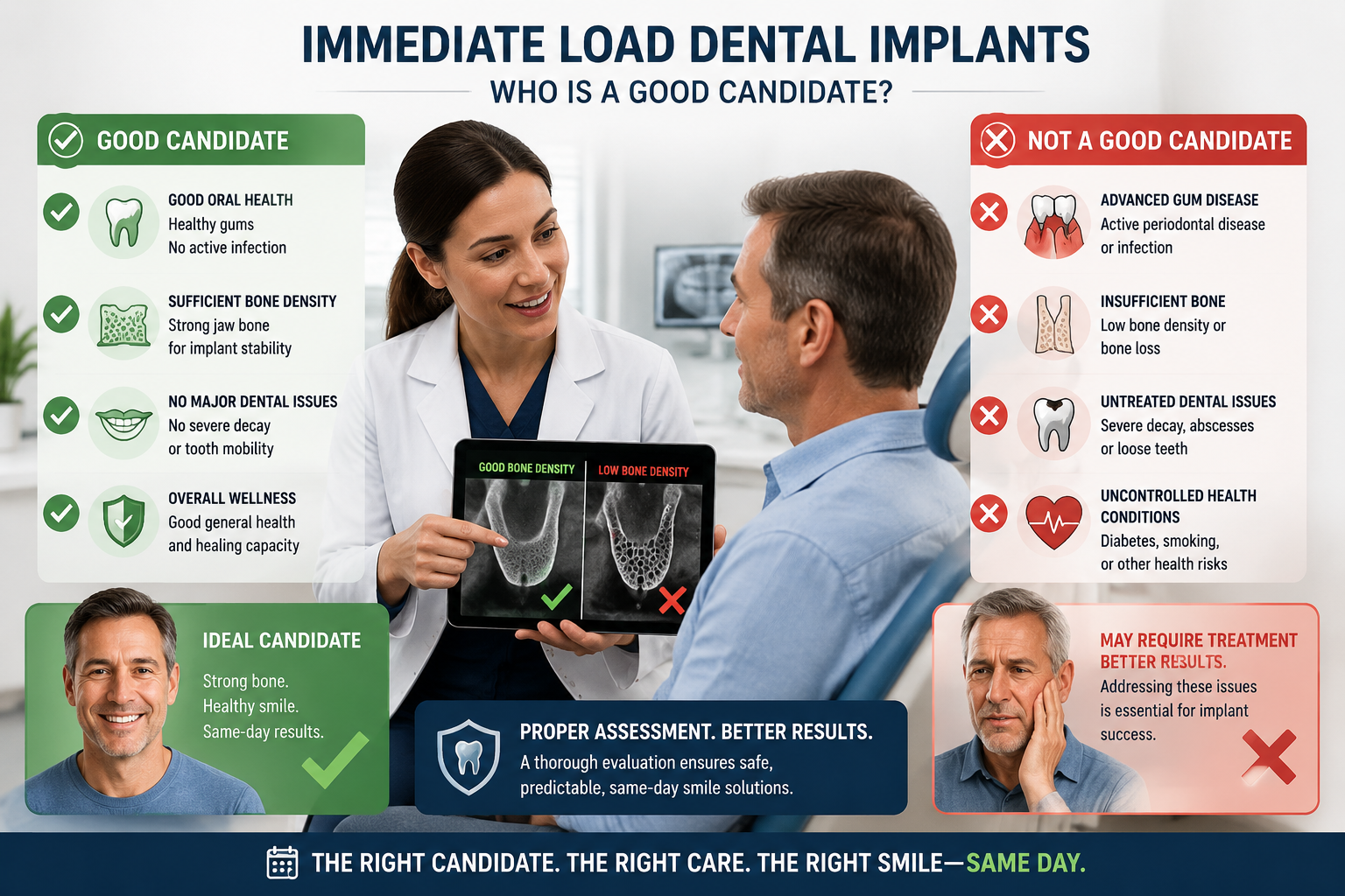 A () composite image that visually contrasts the characteristics of an ideal candidate for immediate load dental implants