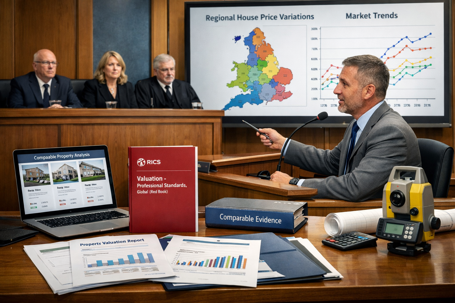 Detailed landscape format (1536x1024) professional courtroom or tribunal setting image showing expert witness stand with surveyor presenting