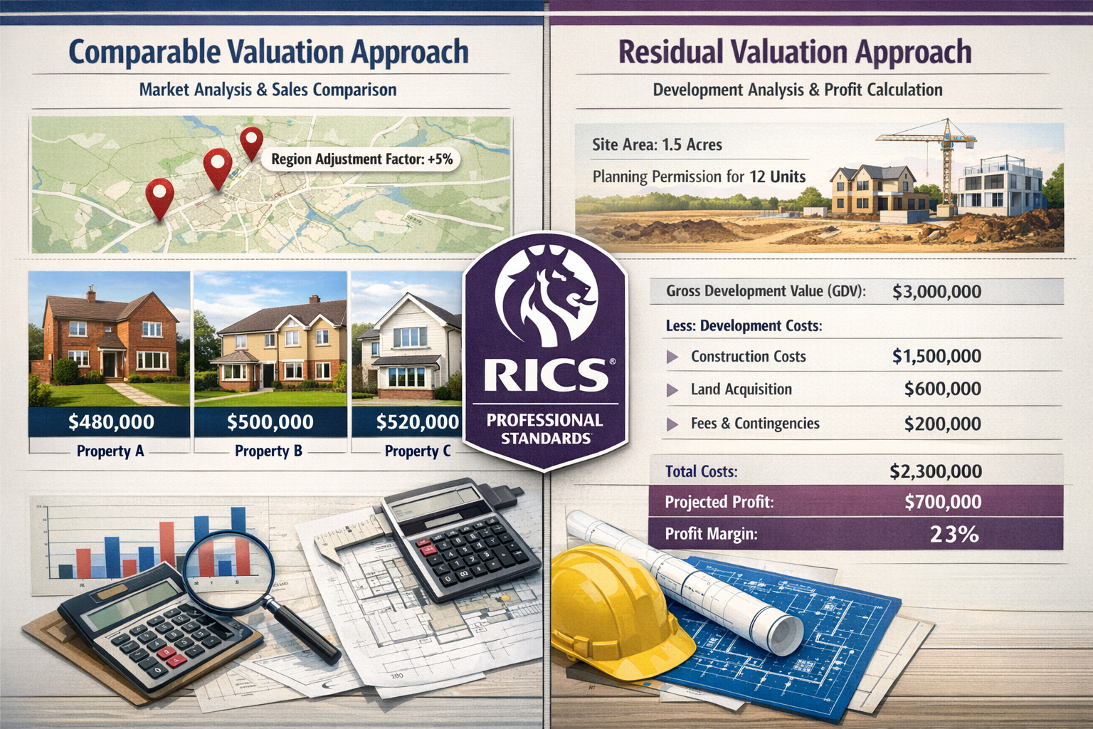Detailed landscape format (1536x1024) split-panel comparison image showing RICS valuation methodology in action. Left panel displays traditi