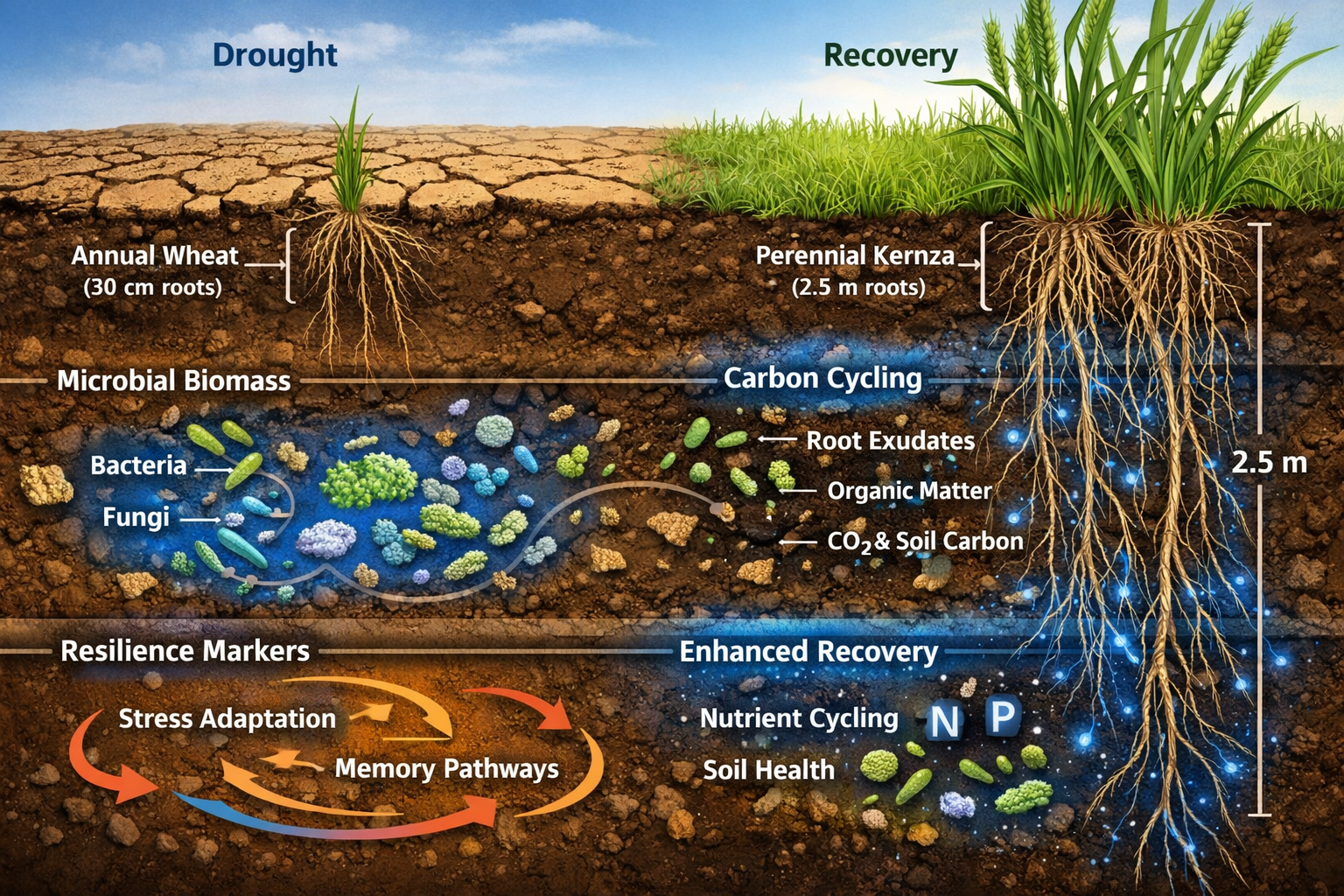 Detailed () editorial illustration showing cross-section of soil layers during drought-recovery cycle. Top layer shows