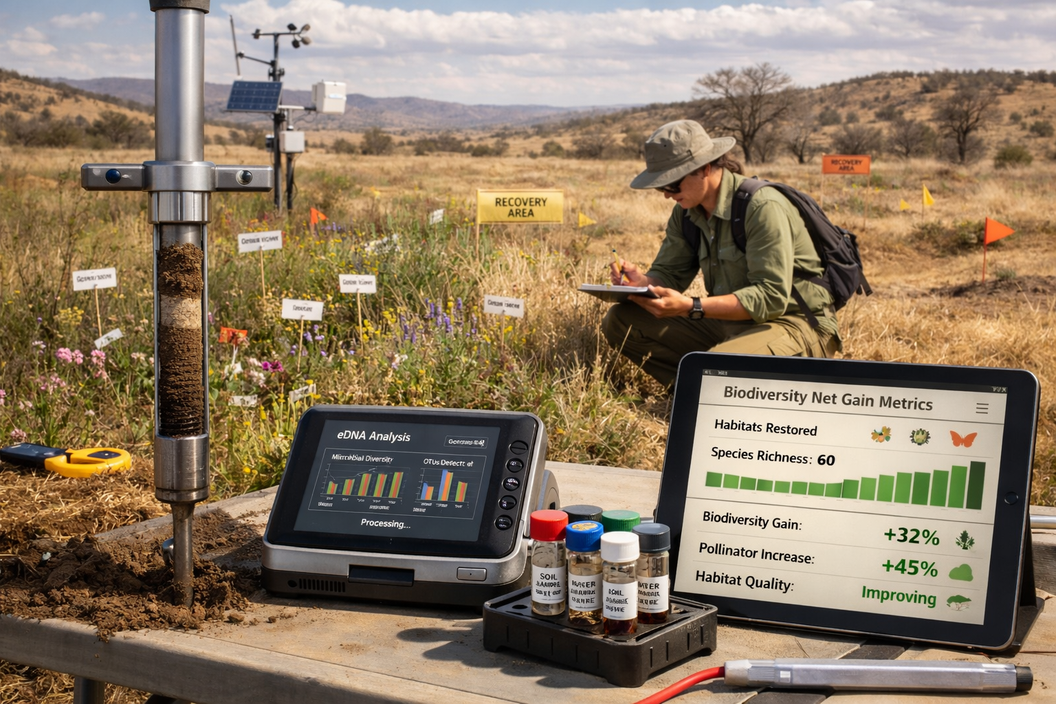 Detailed () field ecology scene showing professional ecologist in 2026 conducting biodiversity survey in semi-arid grassland
