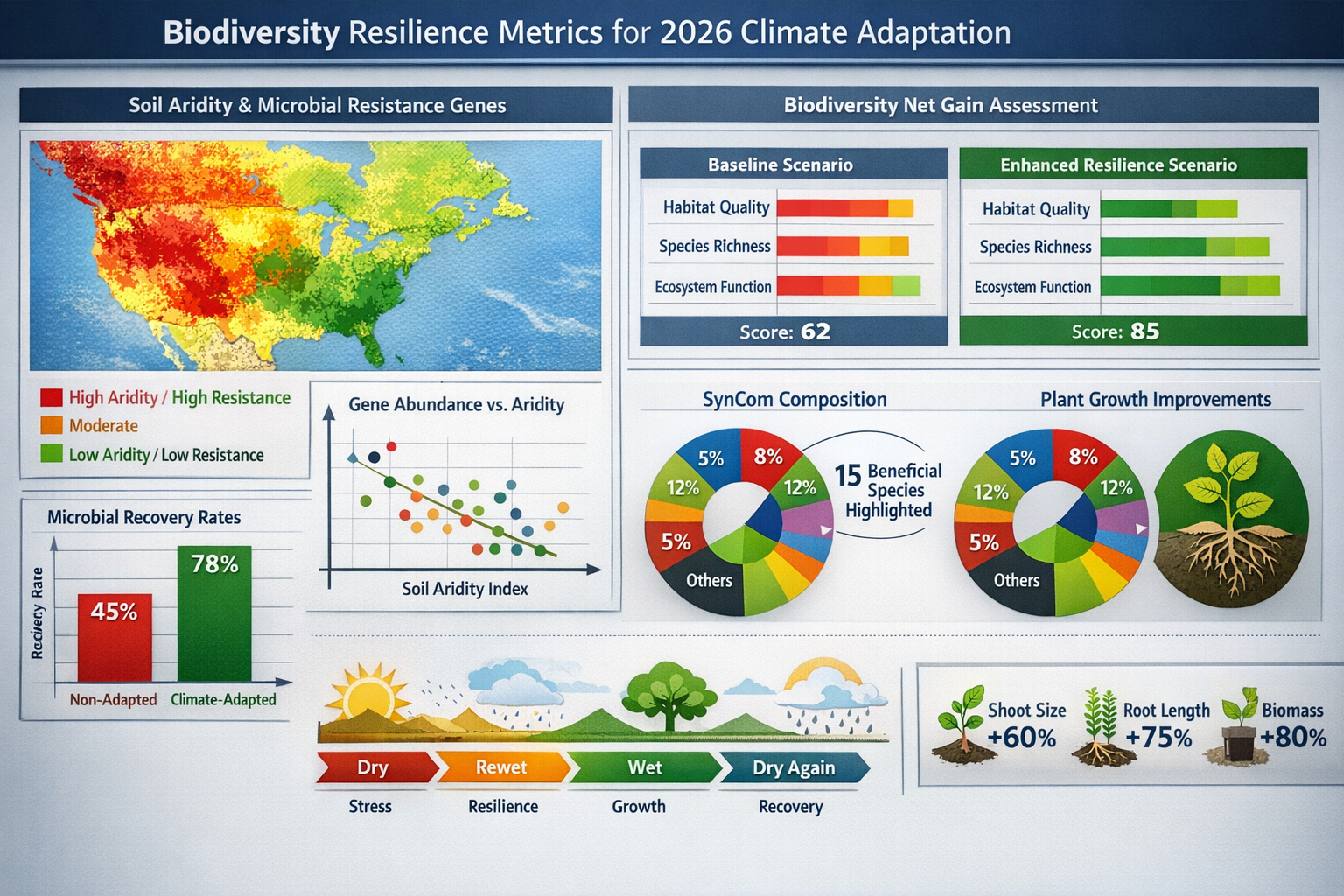 Detailed () scientific data visualization dashboard showing integrated biodiversity resilience metrics for 2026 climate