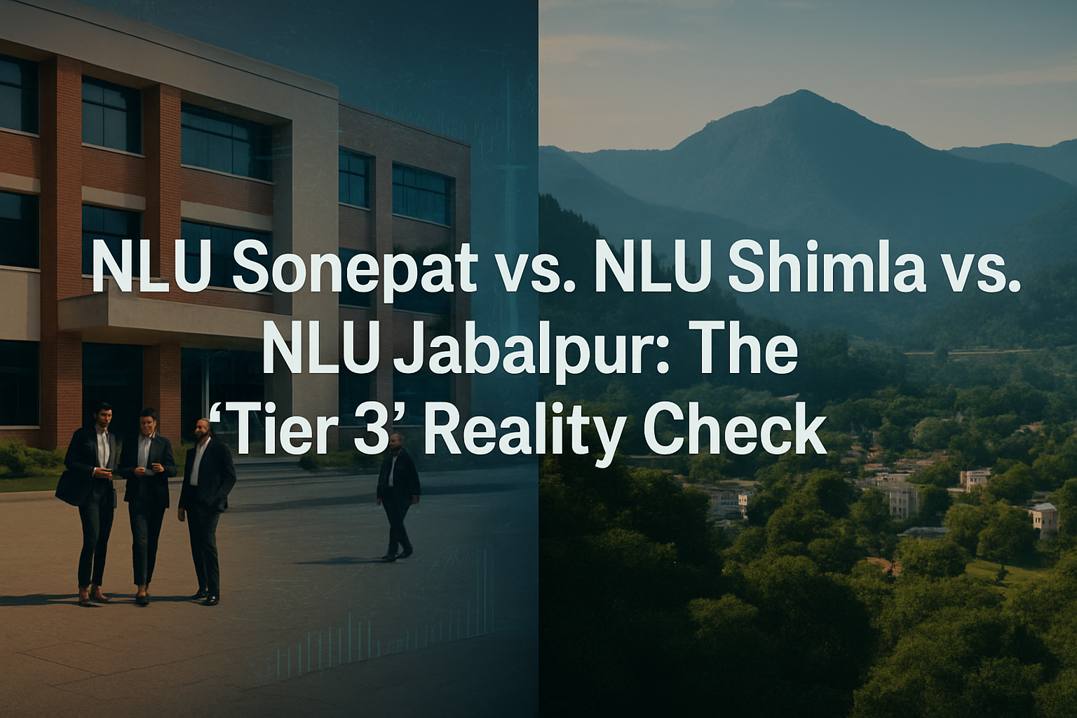 Professional landscape hero image (1536x1024) with bold text overlay: 'NLU Sonepat vs. NLU Shimla vs. NLU Jabalpur: The 'Tier 3' Reality Che