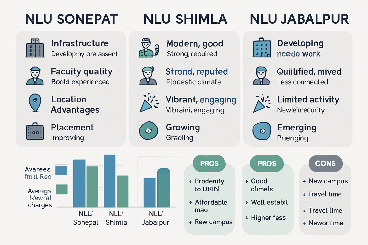 An infographic illustrating key comparison points between NLU Sonepat, NLU Shimla, and NLU Jabalpur. The visual should feature three distinc