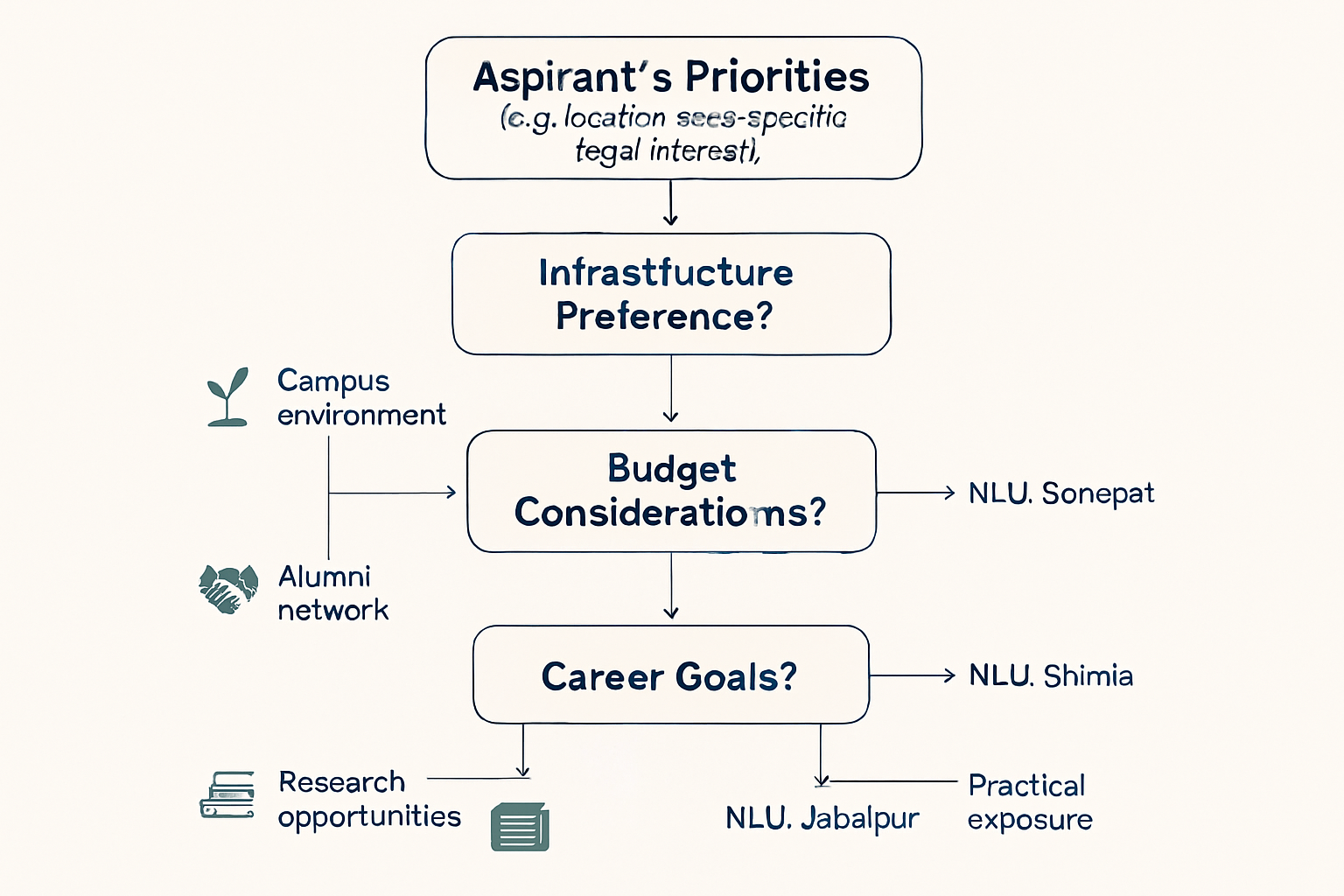 A detailed flowchart illustrating the decision-making process for CLAT aspirants choosing among 'Tier 3 NLU' options like NLU Sonepat, NLU S
