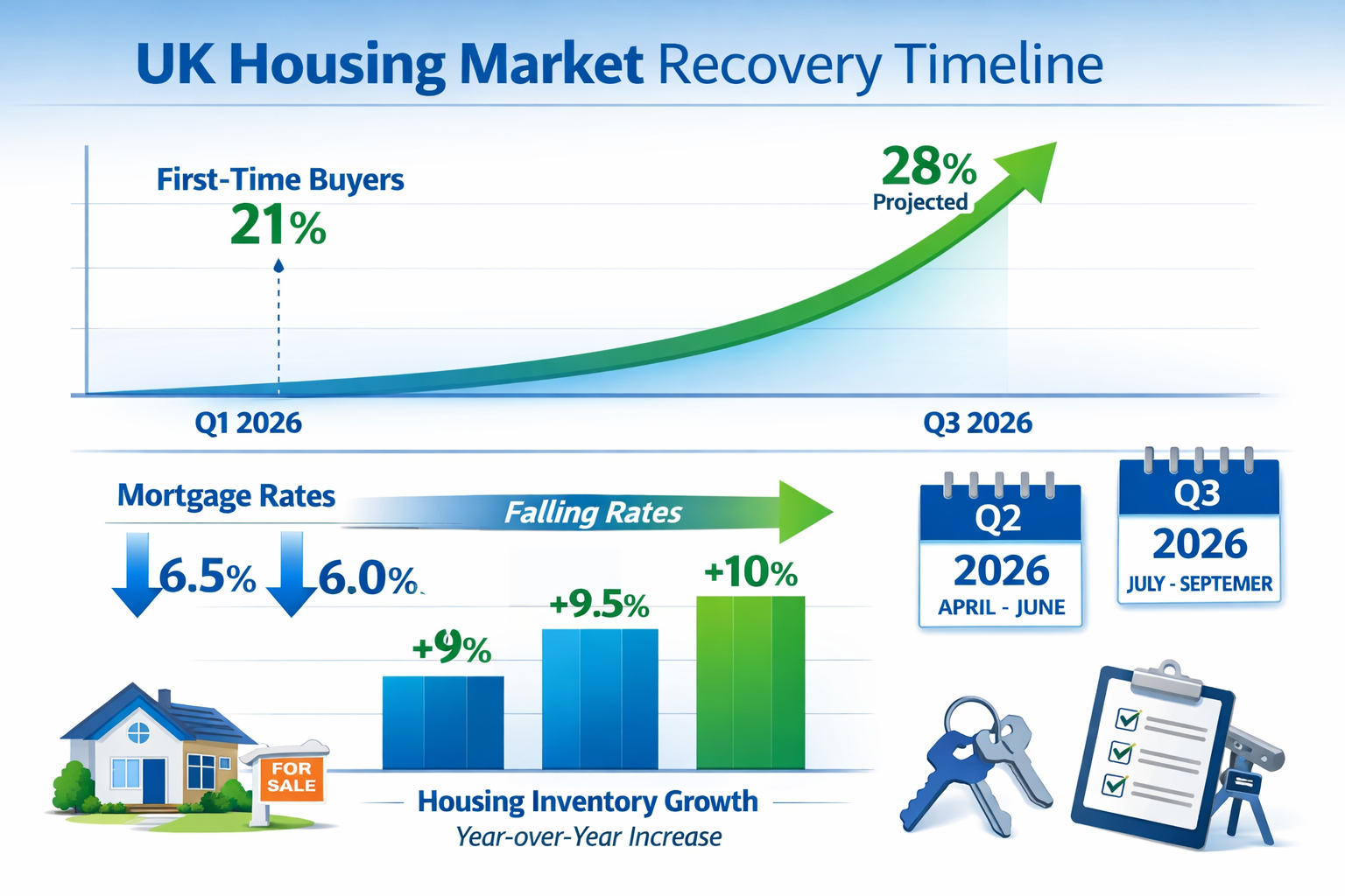 () detailed infographic showing UK housing market recovery timeline from Q1 2026 to Q3 2026, featuring upward trending line