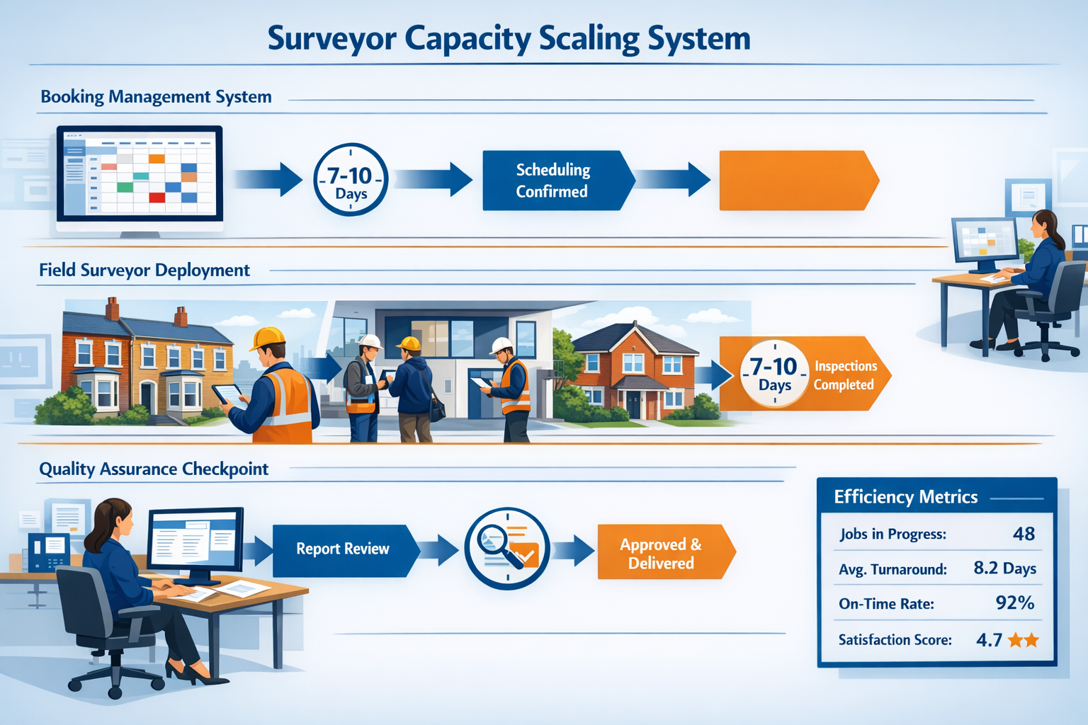 () operational workflow diagram showing surveyor capacity scaling system with three parallel process lanes: booking