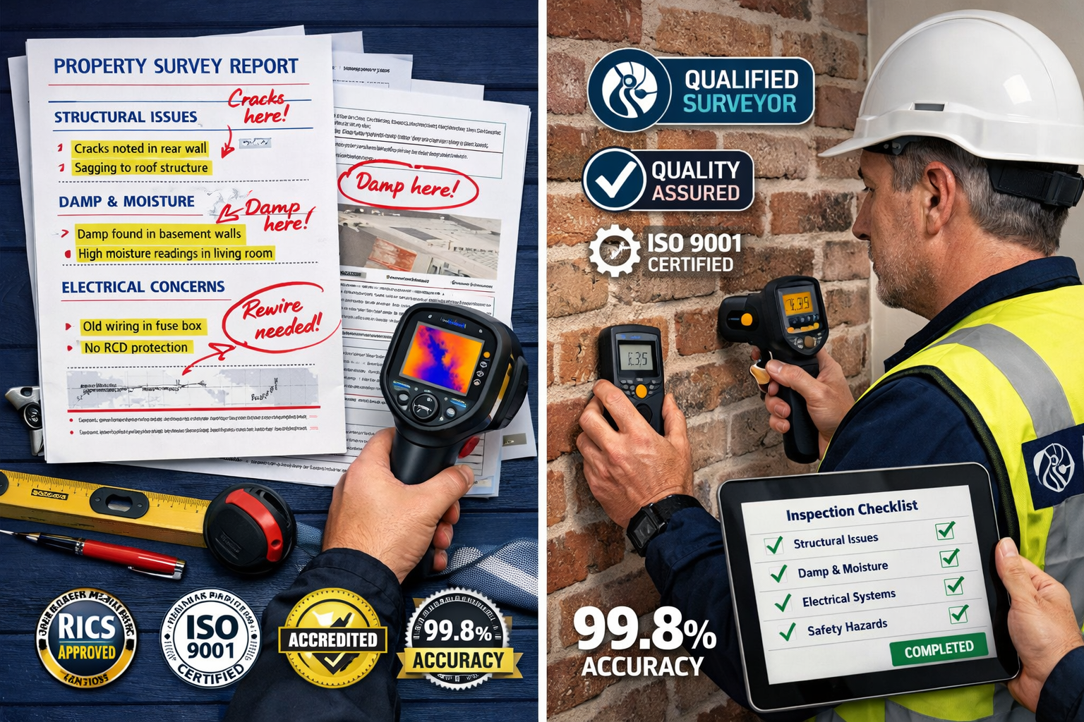 () split-screen composition showing quality control protocols: left side displays detailed building survey report pages with