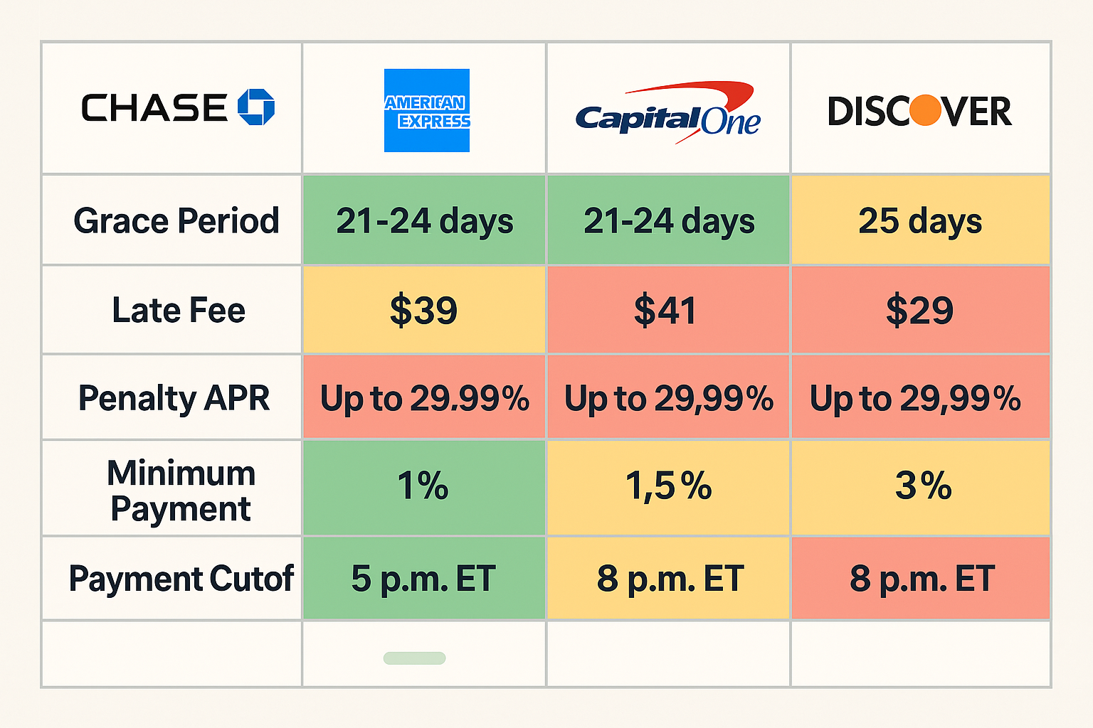 Comprehensive comparison table visualization (1536x1024) displaying credit card issuer policies for Chase, American Express, Capital One, an