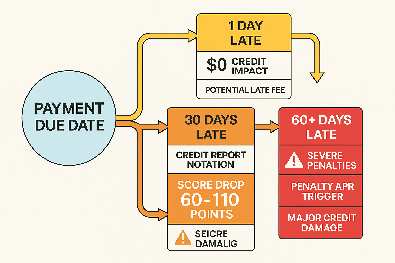 Step-by-step flowchart diagram (1536x1024) illustrating consequences of missing payment due date with decision tree format. Starting point s